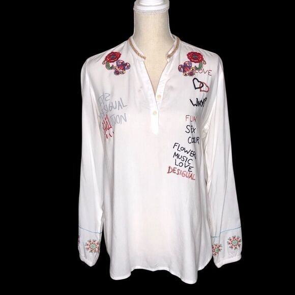 Desigual Art to Wear Embroidered Tunic Top Long Sleeve White Size Medium - Picture 2 of 11